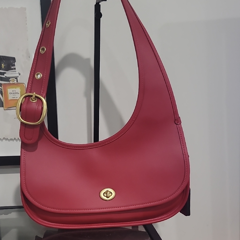 Coach Cashun Cresent Red Shoulder Bag with Gold Accents